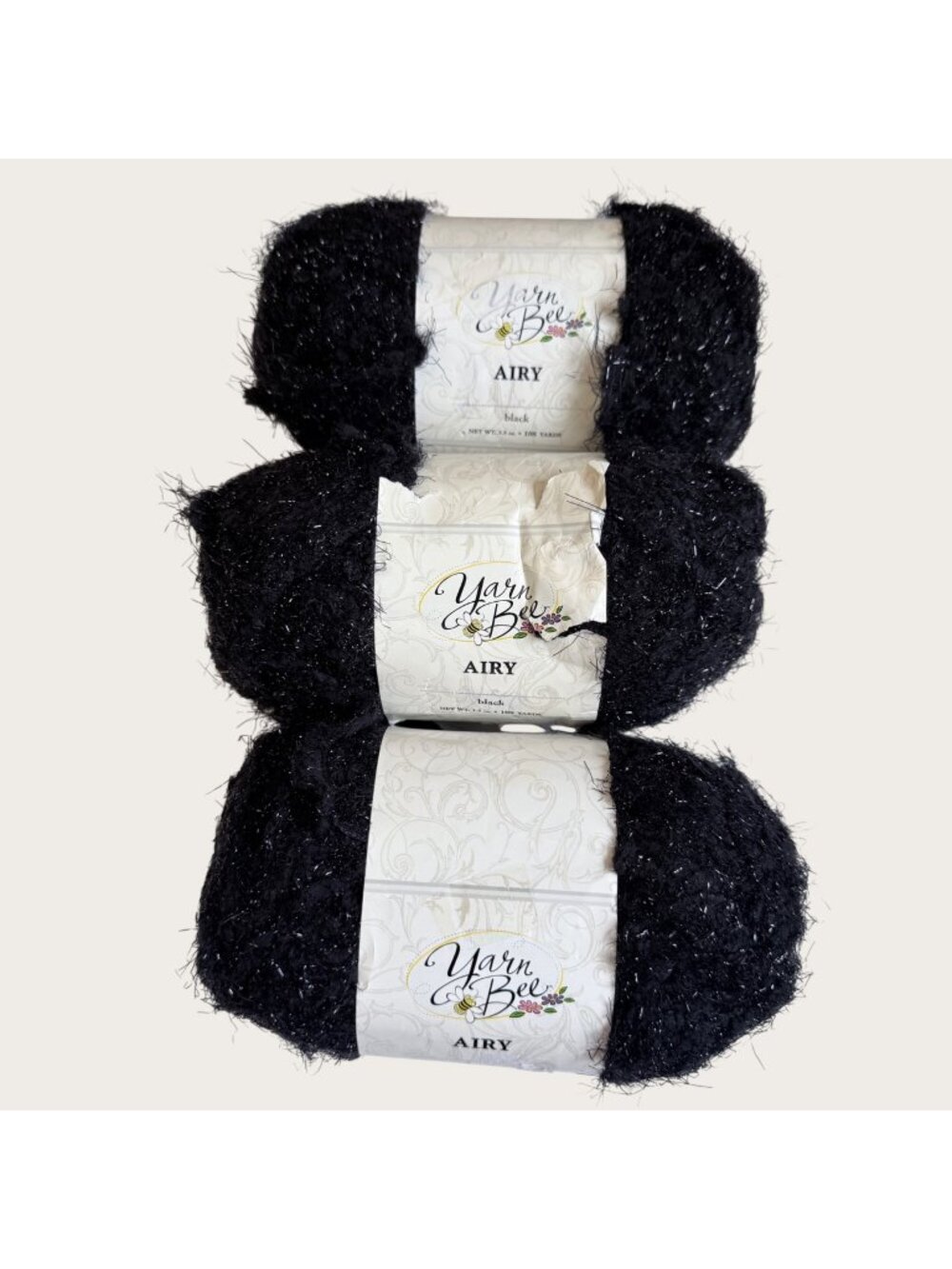 Lot of 3 Yarn Bee Airy Black Yarn 3.5 Oz Skeins 108 Yds Each 100% Nylon